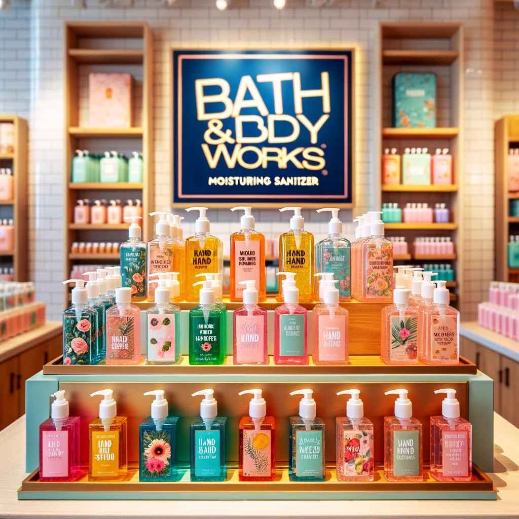 Display of Bath and Body Works Moisturizing Hand Sanitizer in a variety of scents and colorful packaging.