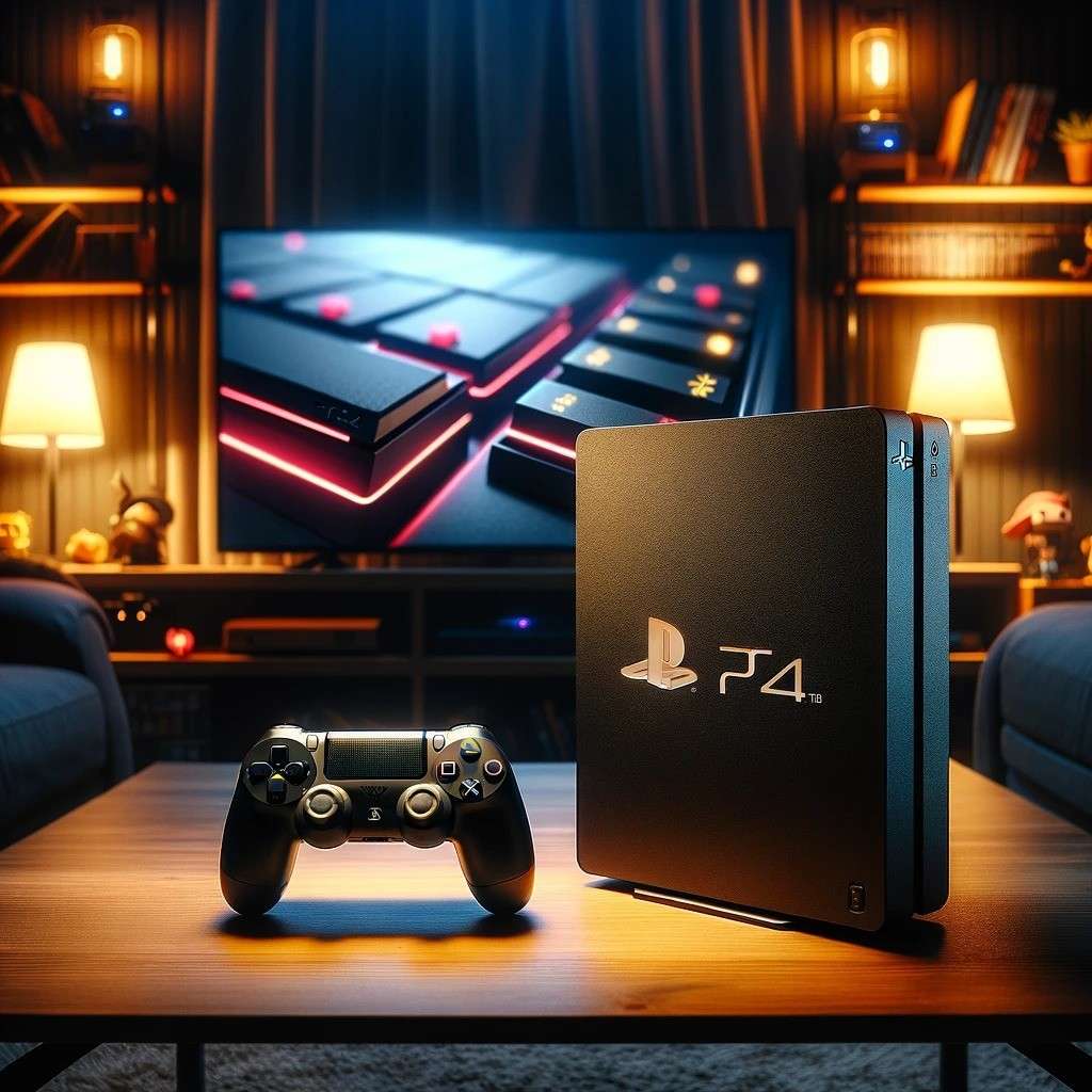 A cozy gaming setup with a PS4 console connected to an 8TB external hard drive. 