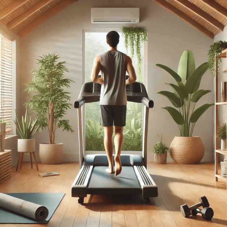 A serene home gym setting with a treadmill and a person walking barefoot on it.