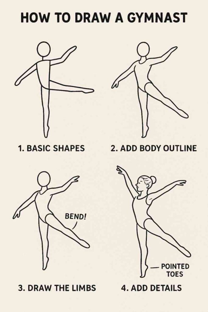 a step-by-step guide on how to draw a gymnast, designed for beginners