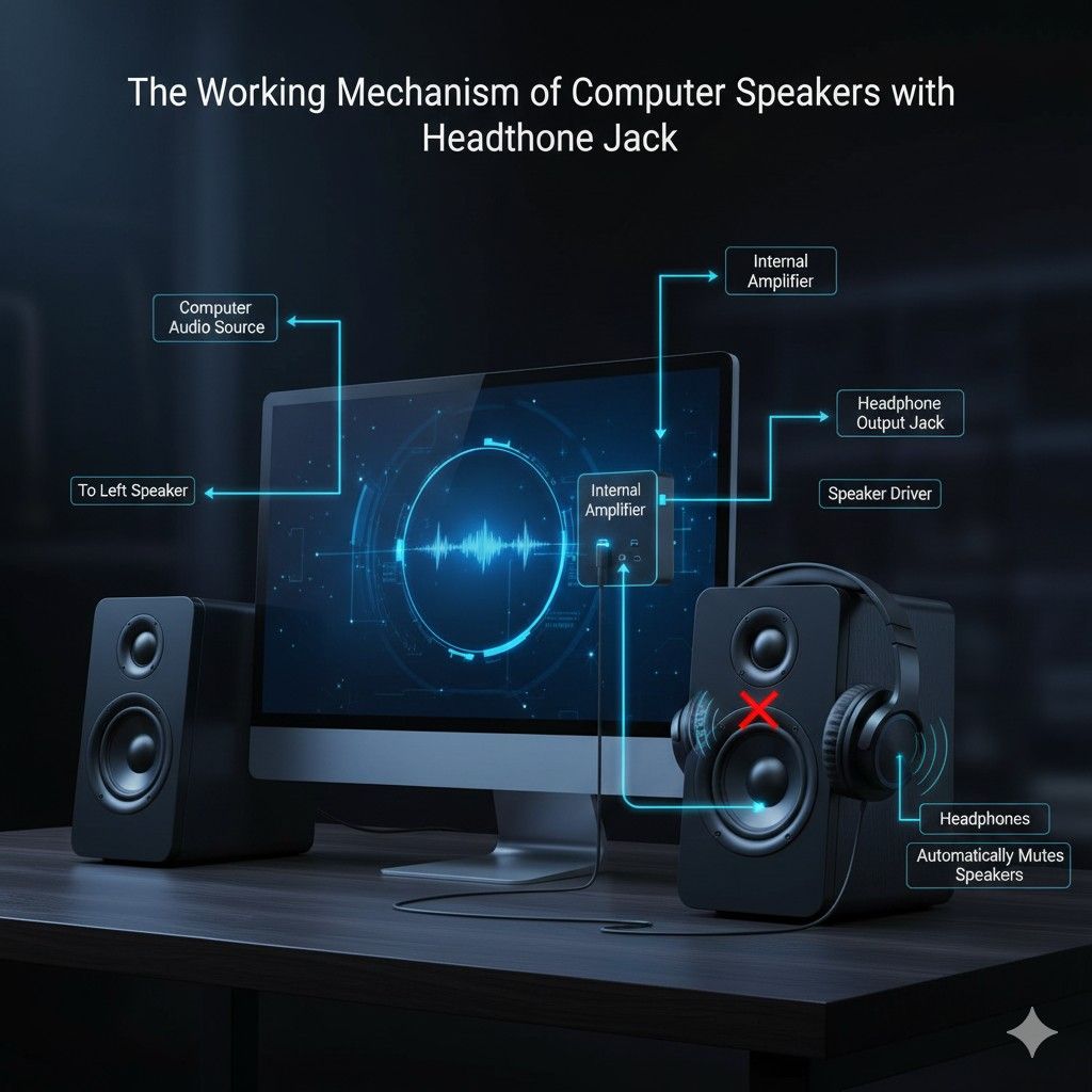 Mechanism of Computer Speakers with Headphone Jack